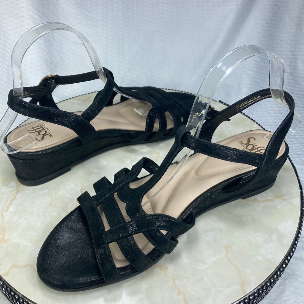 Sofft Shimmer Leather Strappy Wedge Sandals Women 11 Black Summer Comfort Boho - Picture 4 of 12